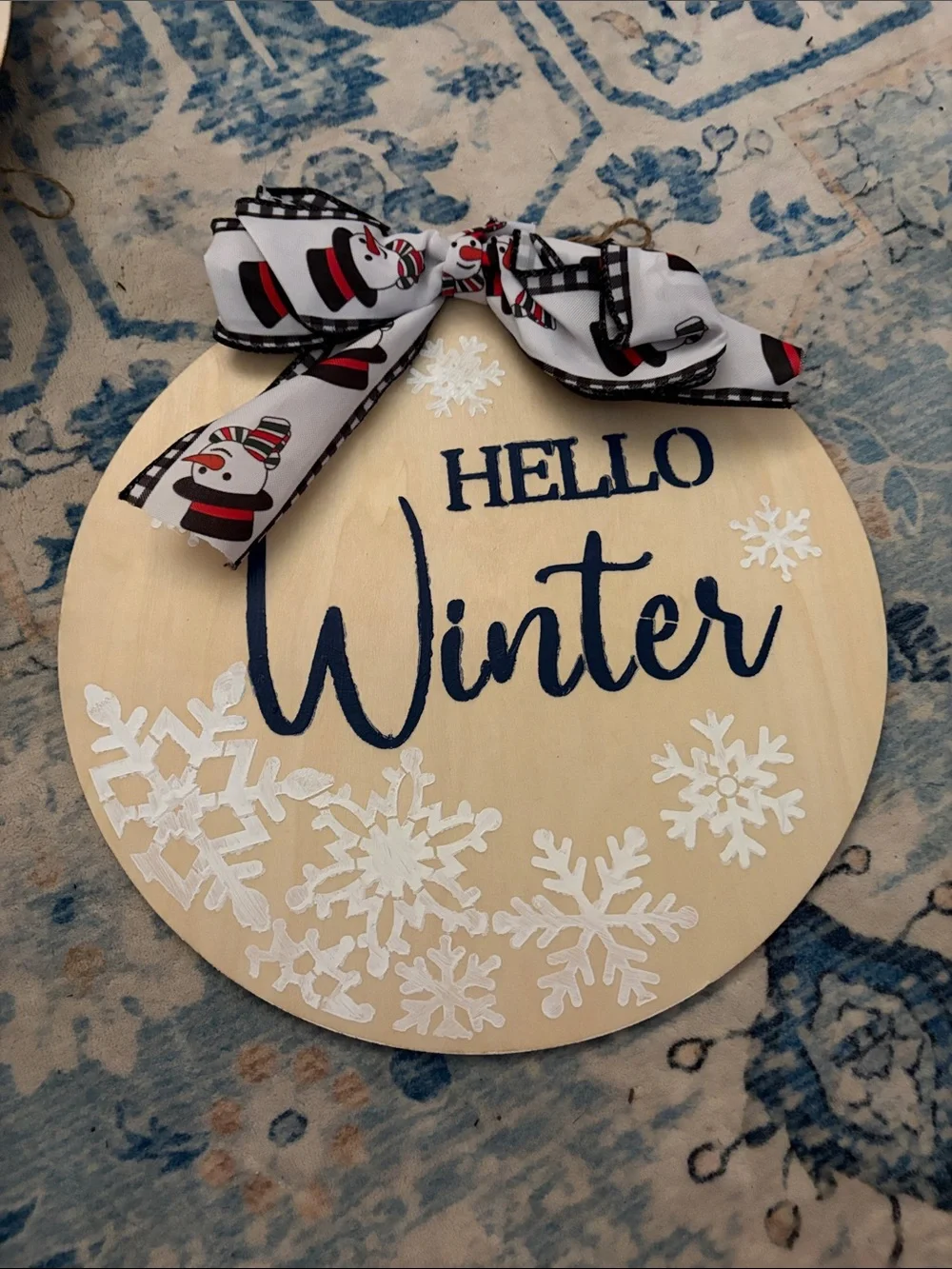 Hello Winter Round Wood Sign with Snowflake Bow - Neutral & Navy